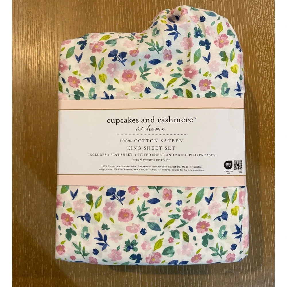Cupcakes and Cashmere King Floral Sheet Set 100% Cotton Sateen 4 Piece NWT
